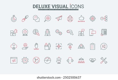 Technical support service for customers line icons set. Client experience and feedback, call center advices, information help, answer to question thin black and red outline symbols vector illustration