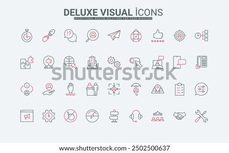 Technical support service for customers line icons set. Client experience and feedback, call center advices, information help, answer to question thin black and red outline symbols vector illustration