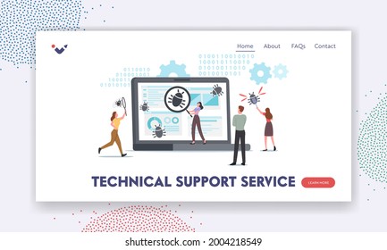 Technical Support Service Landing Page Template. Tiny Characters Debugging Firewall. Antivirus Scanning, Malware Fixing, Virus Attack, Trojan Search, Bugs Detection. Cartoon People Vector Illustration