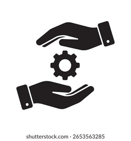 Technical support and service management icon with hands holding a gear representing a working solution and operational process development vector solid glyph icon