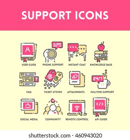 Technical support and service, social media and community help, phone support and ticket system. Flat outline color icon set. Vector Illustration.