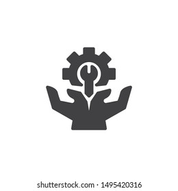 Technical support service vector icon. filled flat sign for mobile concept and web design. Hand with gear and wrench glyph icon. Symbol, logo illustration. Vector graphics