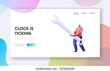 Technical Support Service Website Landing Page. Tiny Man Characters Holding Huge Wrench. Character with Repair Instrument for Fixing Broken Things Web Page. Cartoon Flat Vector Illustration, Banner