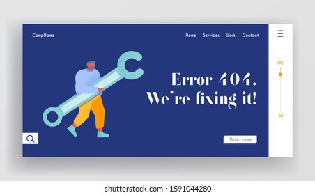Technical Support Service Website Landing Page. Programmer Holding Wrench in Hands Working on Fixing Bugs in Software. Tech Problems Clients Help Web Page Banner. Cartoon Flat Vector Illustration