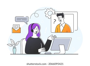 Technical Support Service. Woman sits at computer and communicates with client via video link. Employee answers user questions and helps solve problem. Hotline. Cartoon flat vector illustration