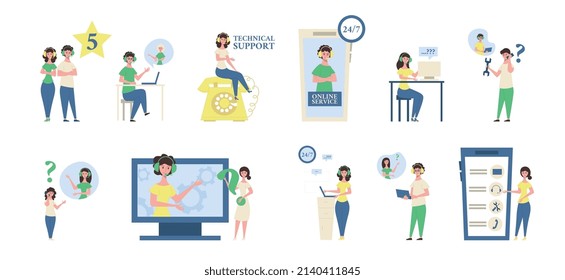 Technical IT support set with helpdesk symbols flat isolated vector illustration