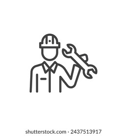 Icono de línea de especialista. signo de estilo lineal para concepto móvil y diseño web. Persona con un icono de vector de contorno de llave inglesa. Símbolo, ilustración del logotipo. Gráficos vectoriales