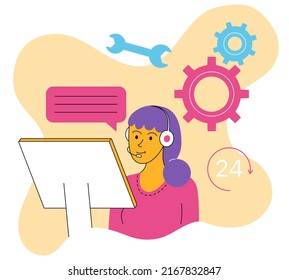 A Technical Support Specialist For Users, A Female Character Talks To A Client Via Headphones, 24 Per 7 Support And Answers To Questions