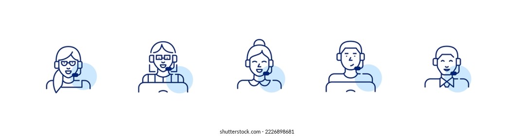 Technical support staff icons set. Help desk workers working with headset and laptops. Pixel perfect, editable stroke