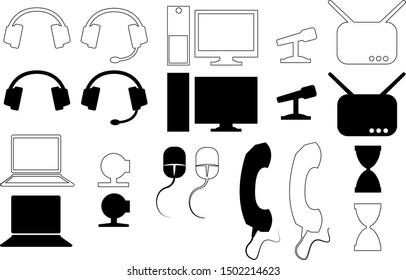 Technical support and streaming services icon set, black and outline variations