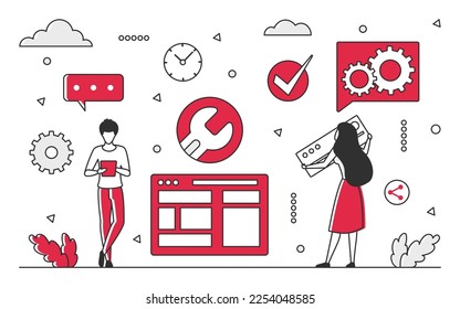 Technical support team. Customer help service, customer assistance operator vector monocolor illustration