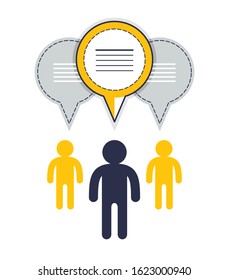 Technical support team, three man with speech bubbles vector flat design.