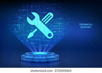 Technisches Support-Technologiekonzept Holografische Plattform mit leuchtenden Strahlen projizieren Tech-Support-Symbol aus binärem Code. Kundenhilfe. Technischer Online-Support. Kundenservice. Vektorgrafik