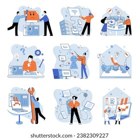 Technical support. Vector illustration. Experts in their respective fields serve as reliable source technical advice and guidance Online platforms provide information and connections to technical