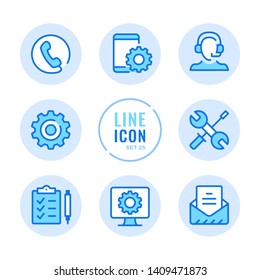 Technical support vector line icons set. Technician, call center, computer, mobile phone repair service outline symbols. Modern simple stroke graphic elements. Round icons