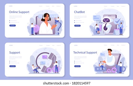 Technical support web banner or landing page set. Idea of customer service. Consultant support clients and help them with problems. Providing customer with valuable information. Vector illustration