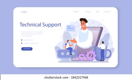 Technical support web banner or landing page. Idea of customer service. Consultant support clients and help them with problems. Providing customer with valuable information. Vector illustration