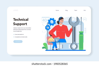 Technical support web banner or landing page. Idea of customer service. Consultant support clients and help them with problems. Providing customer with information. Vector flat illustration