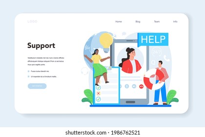Technical support web banner or landing page. Idea of customer service. Consultant support clients and help them with problems. Providing customer with information. Vector flat illustration