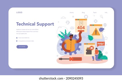 Technical support web banner or landing page. Consultant help a client with technical problems, providing customer with setting information. Troubleshooting. Flat vector illustration