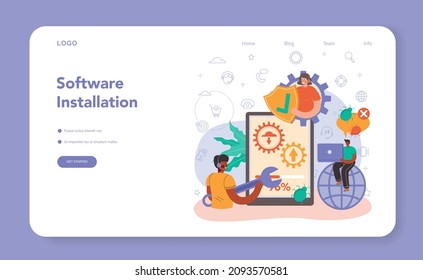 Technical support web banner or landing page. Consultant help a client with technical problems, providing customer with setting information. Troubleshooting. Flat vector illustration