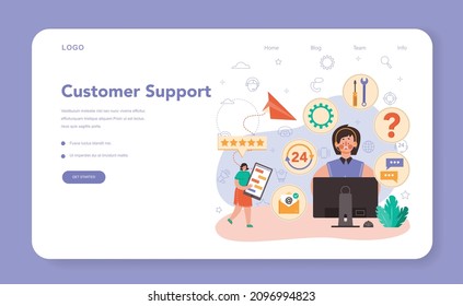 Technical support web banner or landing page. Consultant help a client with technical problems, providing customer with setting information. Troubleshooting. Flat vector illustration