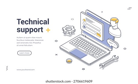 Webbanner für den technischen Support mit IT-Spezialisten, Laptop und Tools für Kundenservice, Helpdesk und Fehlerbehebung. Moderne isometrische Illustration für Website und Anwendung