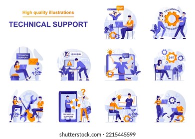 Technical support web concept with people scenes set in flat style. Bundle of customer service, solving tech problems via online chat and calling, feedback. Vector illustration with character design