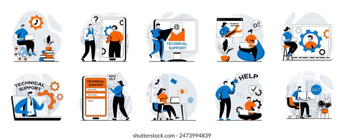 Technical support web concept with people scenes mega set in flat design. Bundle of character situations with online customer service, clients communication, helpdesk assistants. Vector illustrations.