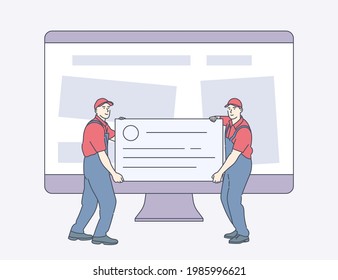 Technical support, website maintenance, website maintenance services concept. Pair of servicemen or repairmen holding and carrying tools against computer monitor.