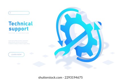 Technical support white banner. Gear, coghweel with wrench. Correction of errors in program, answers to questions from users and customers, consultation. Cartoon isometric vector illustration