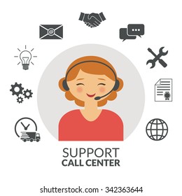  Technical support woman operator flat vector icon.