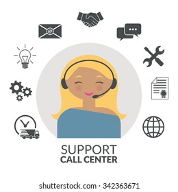  Technical support woman operator flat vector icon.