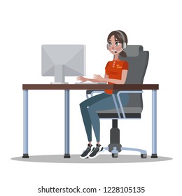 Technical support worker with heaphones. Female operator from customer service available all day. Isolated flat vector illustration