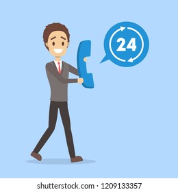 Technical support worker with phone. Operator from customer service available all day. Isolated flat vector illustration