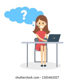 Technical support worker working at the computer. Operator sitting in headset with question mark in speech bubble above. Isolated flat vector illustration