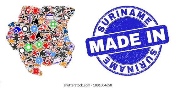 Mosaico de mapa técnico de Surinam y sello de textura MADE IN. Mosaico cartográfico de Surinam creado con spanners, cogs, destornilladores, elementos, vehículos, chispas eléctricas, detalles.