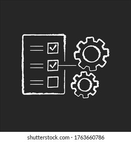 Technical task chalk white icon on black background. Document with checklist. Engineer note. Report on regulation. Management list. Research for project. Isolated vector chalkboard illustration