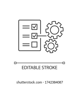 Technical task pixel perfect linear icon. Document with checklist. Report on regulation. Thin line customizable illustration. Contour symbol. Vector isolated outline drawing. Editable stroke