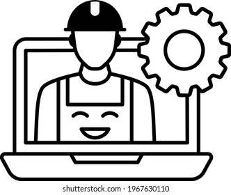 Technische Team-Mitglieder-Begleitung, HRM-System auf weißem Hintergrund, Ingenieurführer Vektor-Symboldesign, Mann mit hartem Helm mit Cograd-Design, Geschäftszeichen-Stockillustration