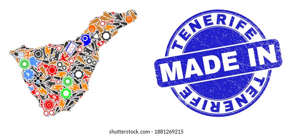 Mosaico de mapa técnico de Tenerife y marca de agua arañada MADE IN. Composición de mapa de Tenerife creada con spanners, cogs, destornilladores, elementos, vehículos, golpes de energía, cohetes.