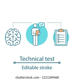 Technical test concept icon. Pre-employment skill testing idea thin line illustration. Career development. Job application. Filling questionaire. Vector isolated outline drawing. Editable stroke