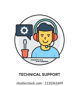 
Technical tools with human avatar having headphones giving technical support 
