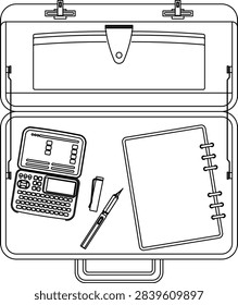 Technical top-down bird's-eye plan view vector illustration of an open briefcase or attache case, containing business and office accessories including a ring binder notebook, a pen, a small case	
