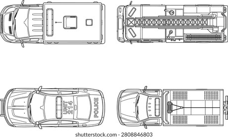 Technical top-down outlines of emergency vehicles including a police car, fire truck, ambulance, and utility truck. Perfect for architects and urban planners creating detailed site maps, logistics plans, and technical documentation.
