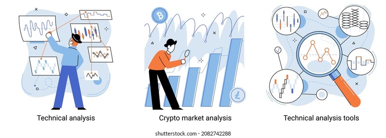 Technical trader analyzing stock chart, crypto market analysis, technical analysis tools set. Investment stock trading based on chart graph. Digital currency market transactions. Electronic money