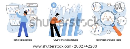 Technical trader analyzing stock chart, crypto market analysis, technical analysis tools set. Investment stock trading based on chart graph. Digital currency market transactions. Electronic money