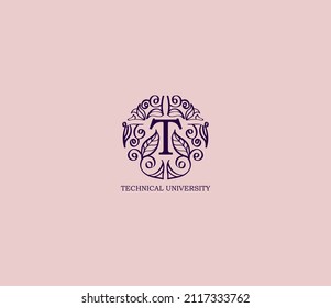 Logo del emblema de la Universidad Técnica en estilo vintage con letras T.