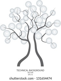technical vector concept with tree, cog wheels in silhouettes and place for your text isolated on white background