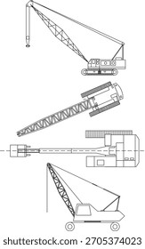 Dibujo de Vector técnico de grúas de pluma de celosía pesada (orugas y ruedas) que se muestra en la elevación lateral y la vista del Plan superior.